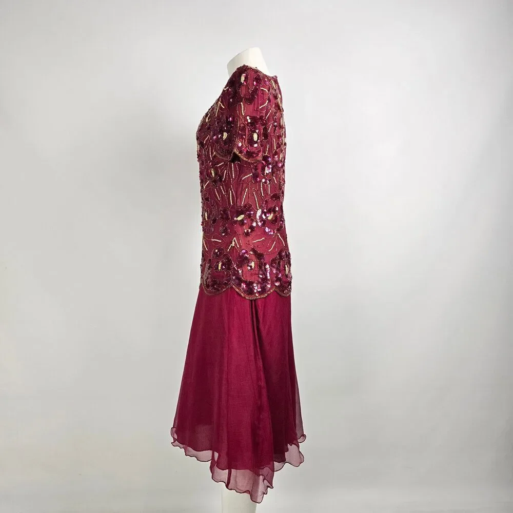 Vintage Silk Burgundy Beaded Sequined Midi Dress Size M - Picture 6 of 9
